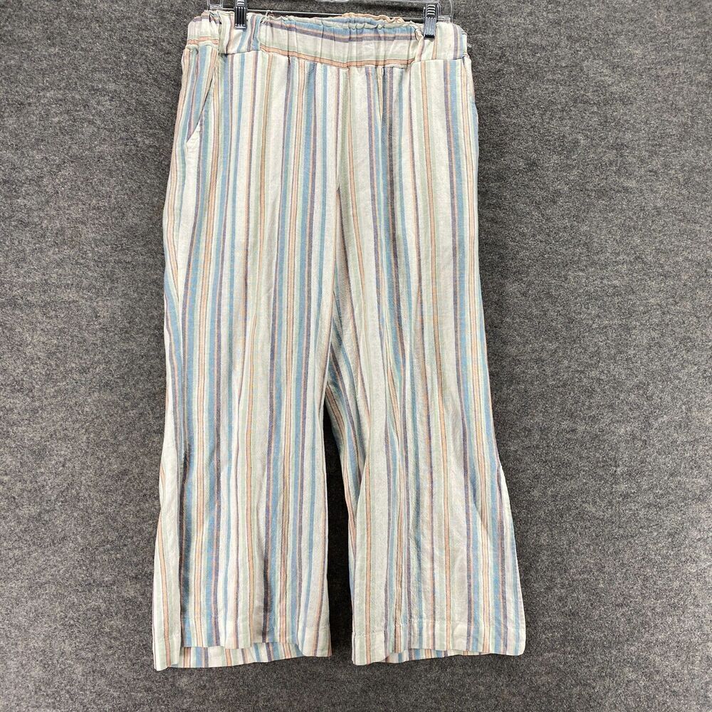 Indigo Rein Pants Women L Large White Striped Linen High Rise Flat Front Chino